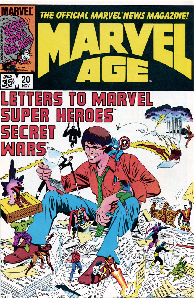 MARVEL AGE, Vol 1 Number 20, November, 1984 issue. Article in this issue features reader responses to Secret Wars, and some background information from Jim Shooter. COVER by Mike Zeck (pencils) and John Beatty (inks)