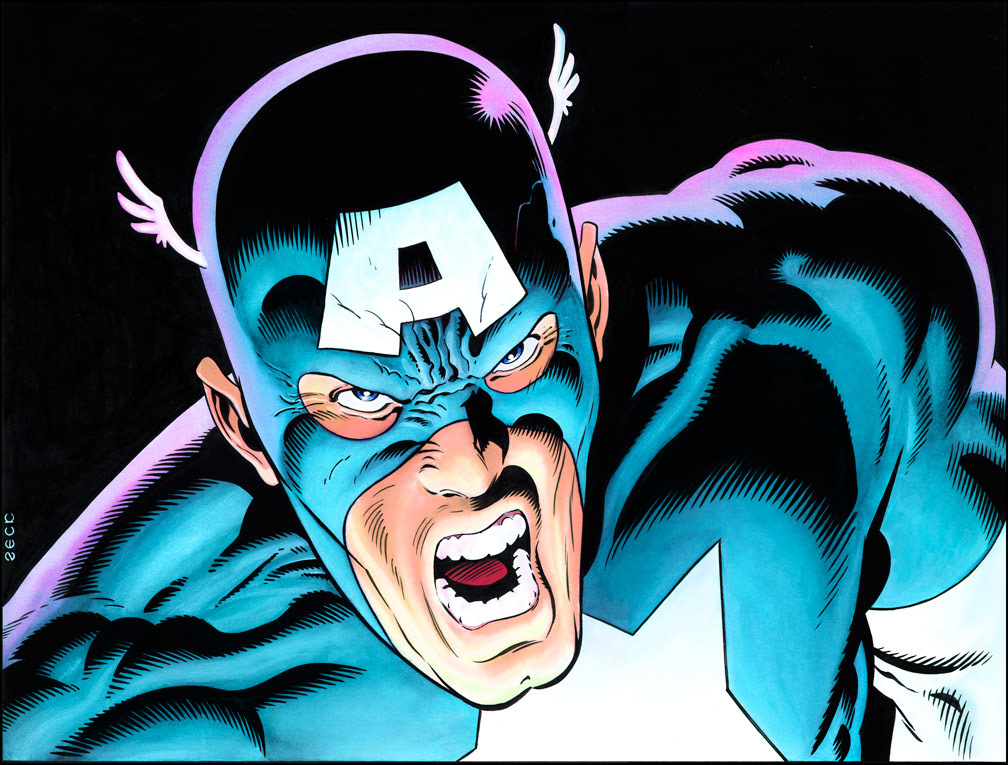 Cover Recreation: Captain America issue 321 detail. Head and shoulders detail, and finished with colored inks.