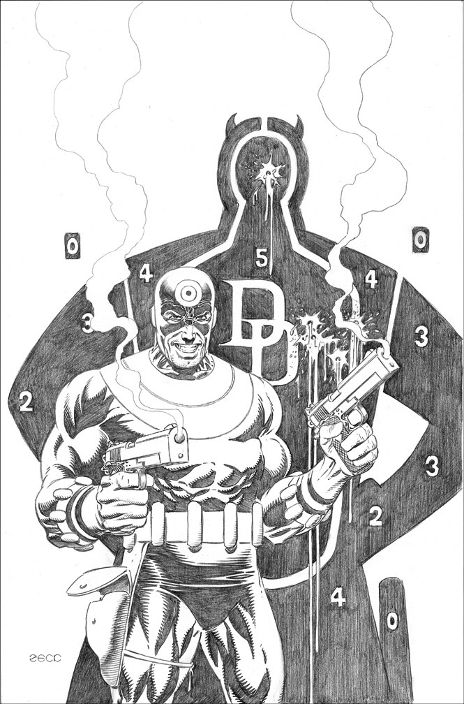Cover Recreation: Punisher Limited Series issue 3v2. Bullseye replaces Punisher, and target becomes Daredevil. Pencils only.