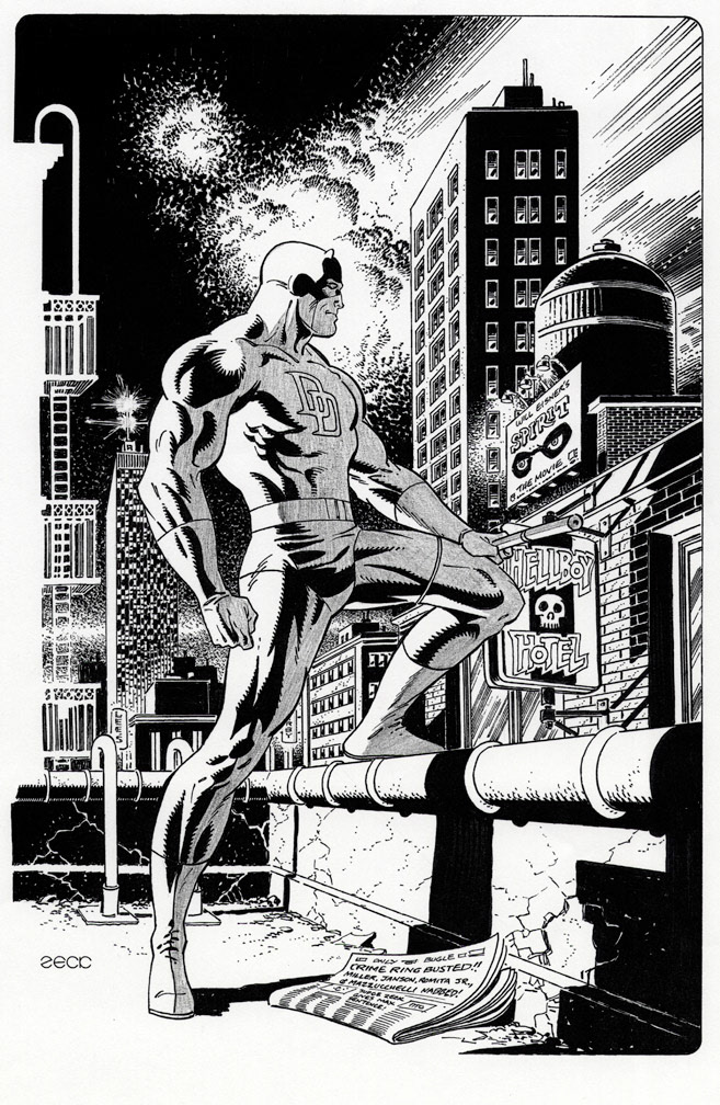 Recreation sketch of my plate in the French portfolio, World's Finest Comic Book Artists. The original  featured Captain America. Now replaced by Daredevil and works just as well.