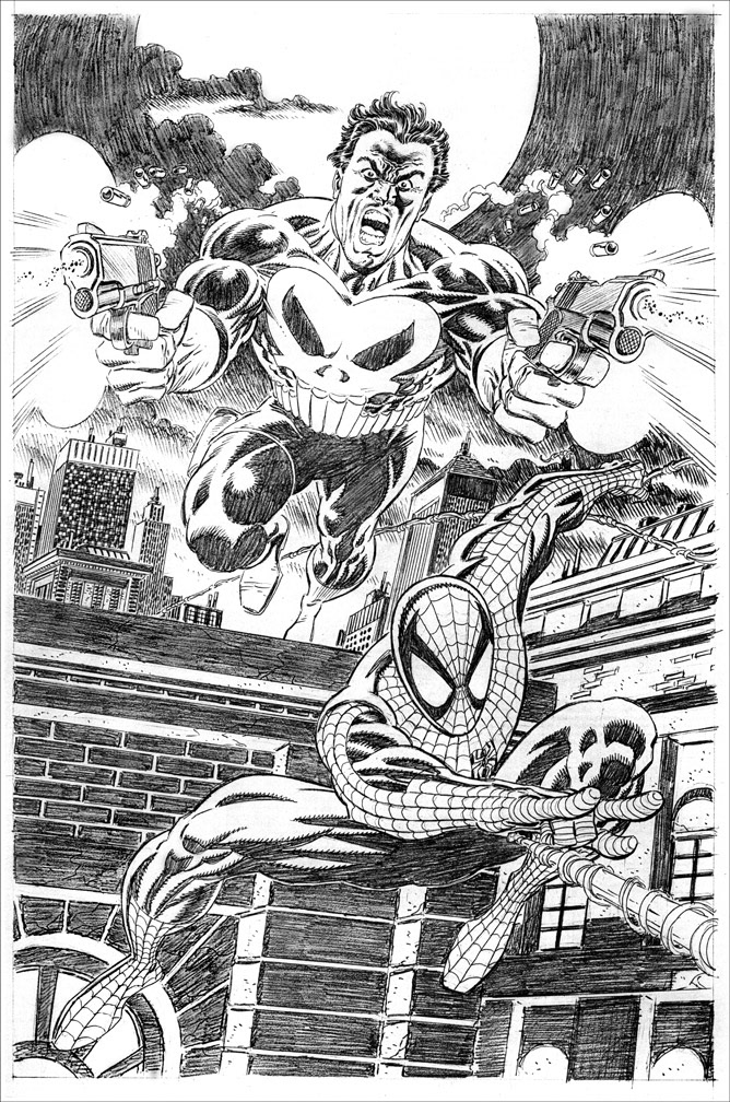 Splash Page Recreation: Punisher Limited Series 1 splash. Spider-Man added to lower portion. Pencils only.