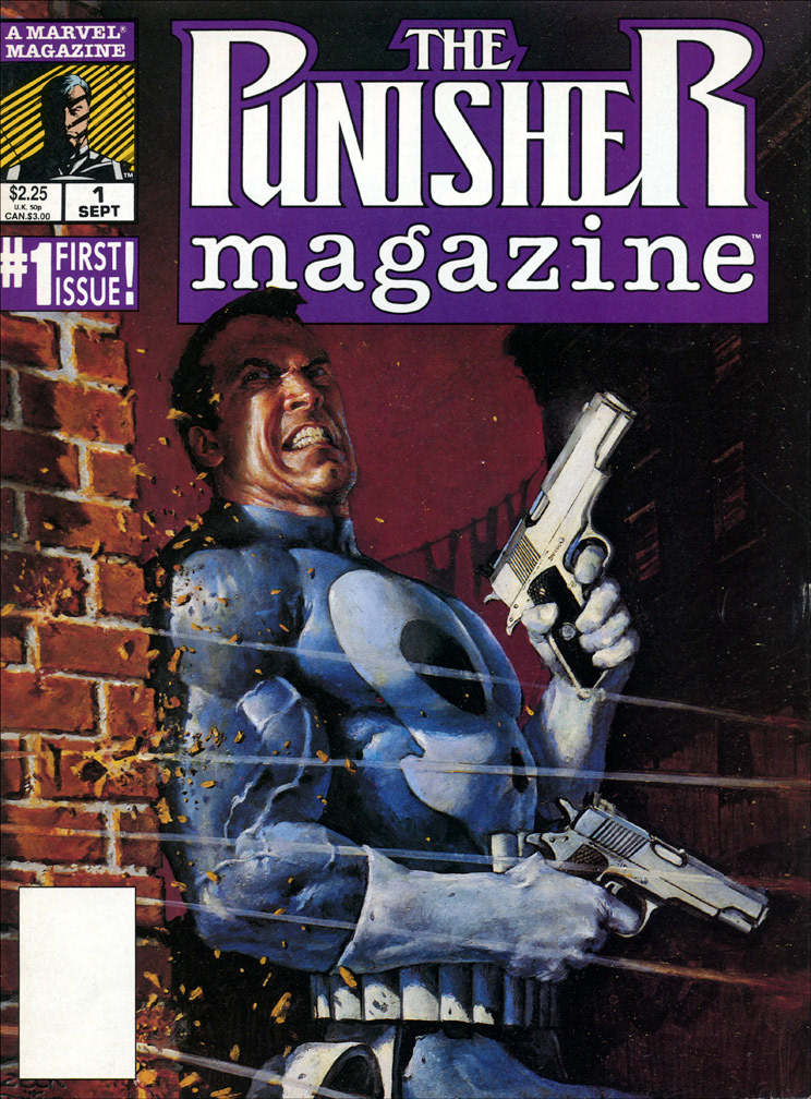 PUNISHER MAGAZINE, Vol 1 Number 1, October, 1989 issue. COVER: Mike Zeck (pencils) Mark Texeira (painting) Reprints the first issue of the Punisher 5-issue Limited Series by Zeck and Beatty.