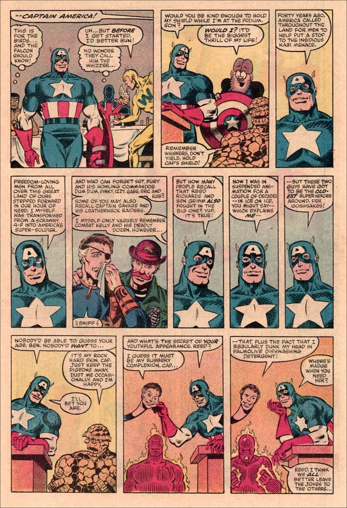 FANTASTIC FOUR ROAST: Almost the entire Marvel bullpen drew a page in this issue based on Fred Hembeck's layouts. I was assigned the page with Captain America at the dais since I was the regular Cap artist at that time. (John Beatty inks)