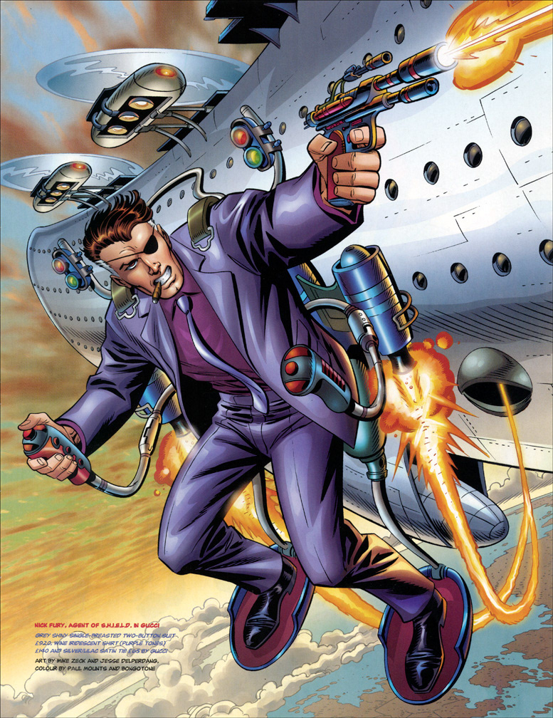 ARENA MAGAZINE, Nick Fury in Gucci pinup. Mike Zeck (pencils) Jesse Delperdang (inks) Paul Mounts (color)