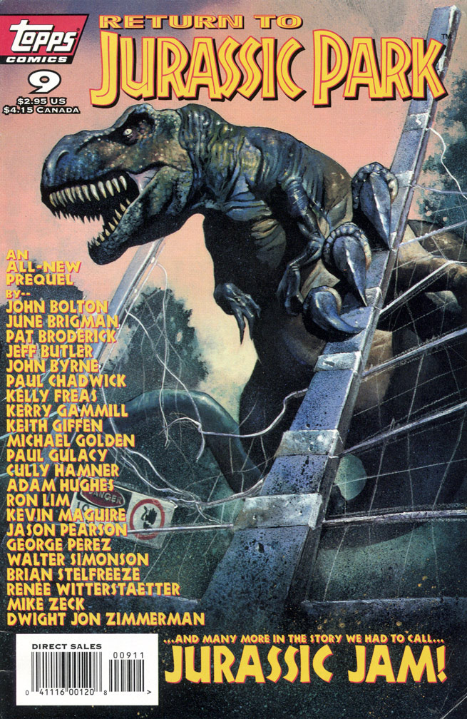 RETURN TO JURASSIC PARK 9, February, 1996. In this 'jam' issue, various artists drew one page each. One interior page by Mike Zeck (penciler) and Mike DeCarlo (inker)