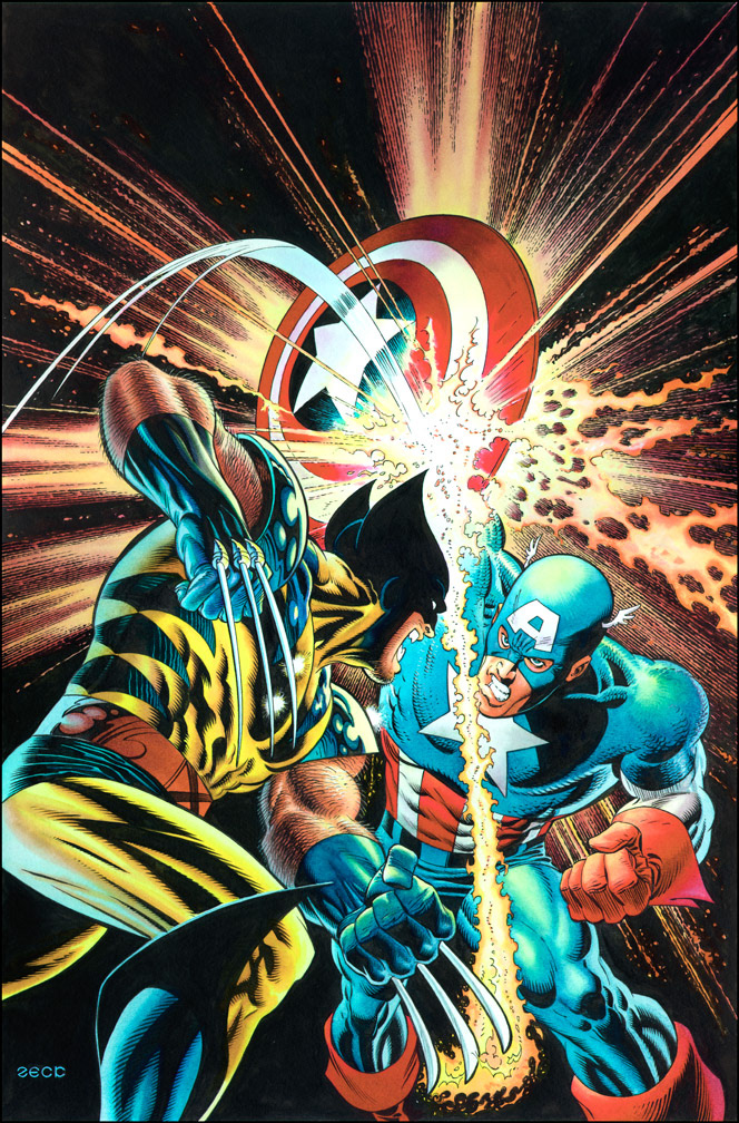 Cover Recreation: Captain America Annual issue 8. With Wolverine in yellow and blue costume, and finished with colored inks.