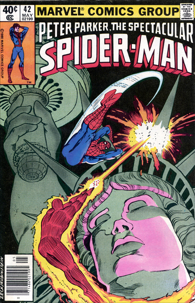 SPECTACULAR SPIDER-MAN, Vol 1 Number 42, May, 1980 issue. COVER: Mike Zeck (pencils) Joe Rubinstein (inks) INTERIOR: Mike Zeck (pencils) Jim Mooney (inks)