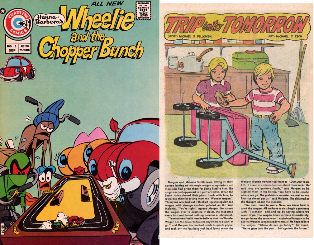 WHEELIE AND THE CHOPPER BUNCH, Vol 1 No 2, September, 1975. INTERIOR: Spot illustrations for a two page text story. Sample shown next to cover. Spot illo, Mike Zeck (pencils / inks)