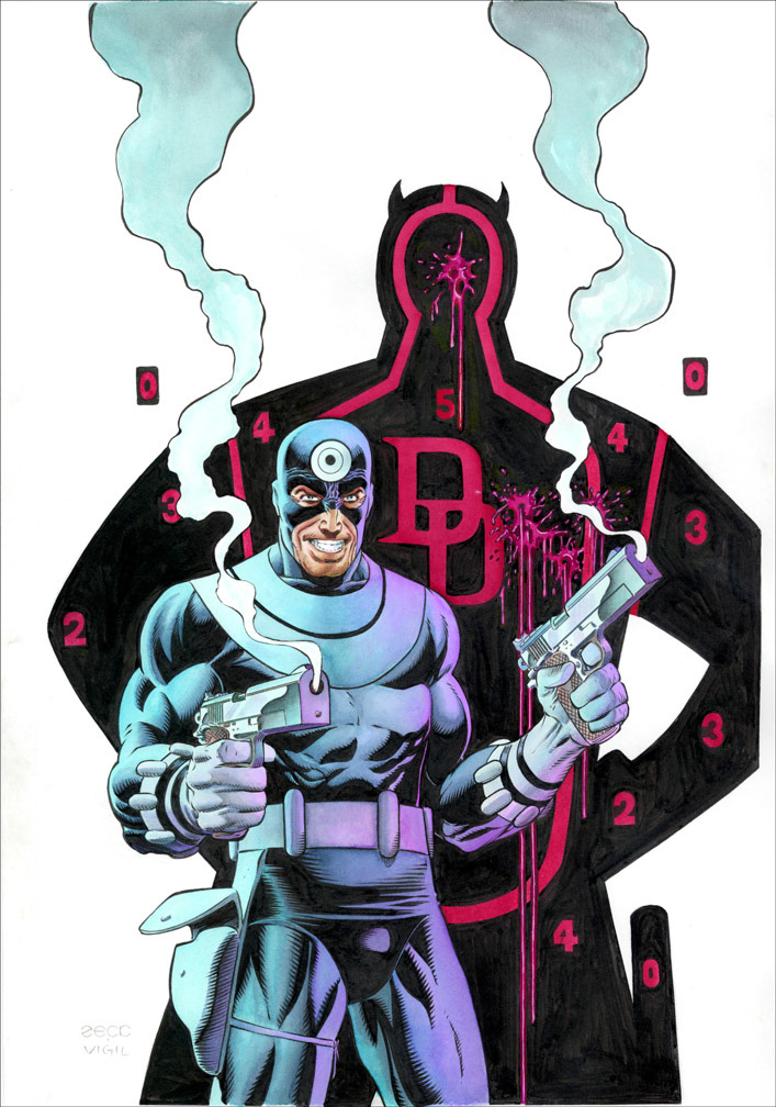 Cover Recreation: Punisher Limited Series issue 3v2. Tim Vigil inked this piece, and it was returned to me finalize it with colored inks.