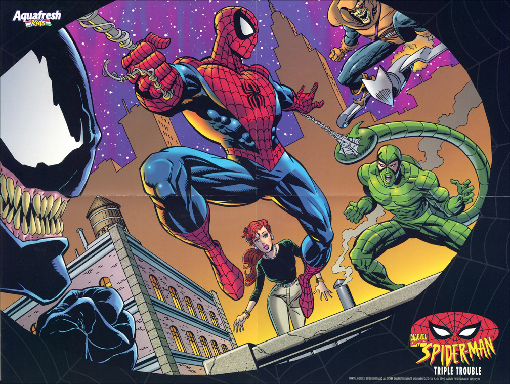 AQUAFRESH PROMOTION, 'Spider-Man: Triple Trouble' poster created for Aquafresh Kids toothpaste promotion, 1995.