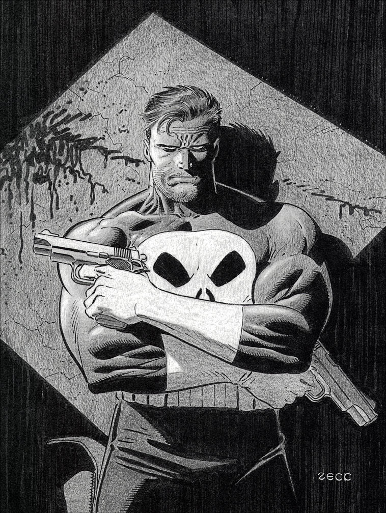Punisher sketch rendered inside a RETURN TO BIG NOTHING hardbound graphic novel. Three in a limited set of six.