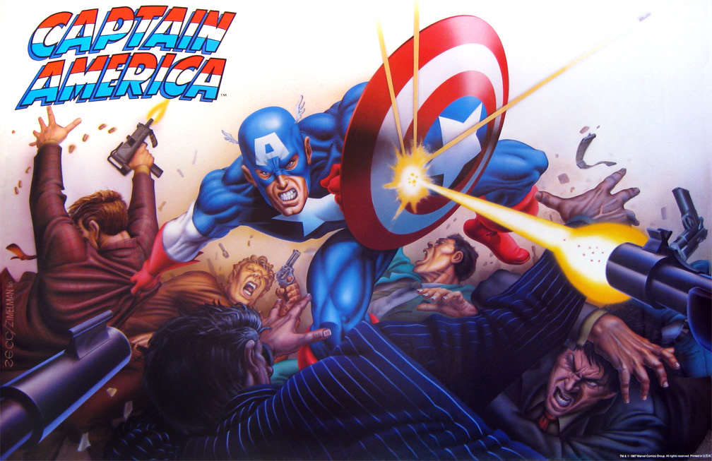 CAPTAIN AMERICA POSTER 1: Tom DeFalco requested a 'Cap in action' painting from me and Phil for poster purposes, and this is what we came up with. Zeck and Zimelman art.