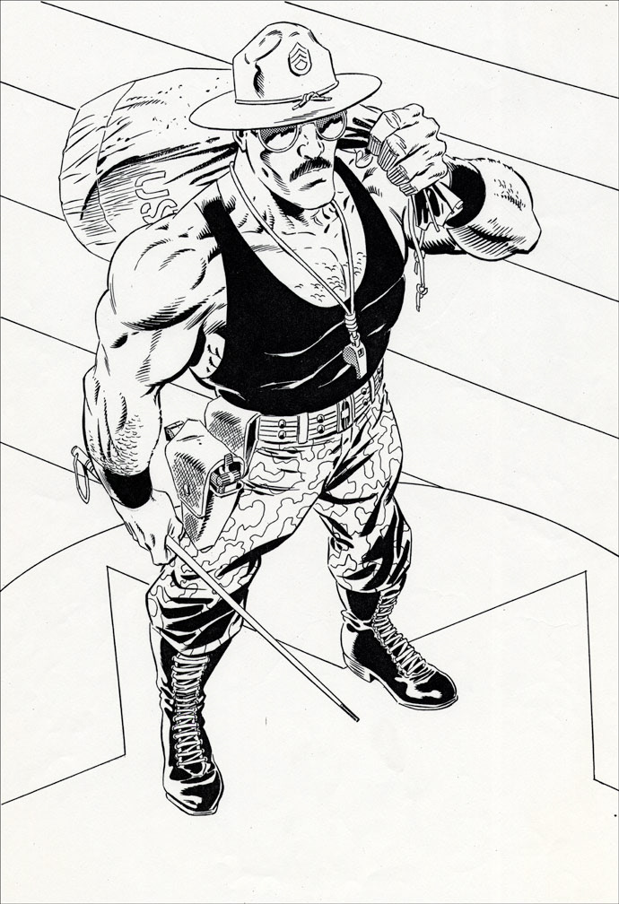 G. I. JOE: ANNUAL 3 - Sgt. Slaughter of wrestling fame was given a place on the G. I. Joe roster during the 80s. This pinup was created for Annual 3 but was unused. Mike Zeck (pencils) Dennis Janke (inks)
