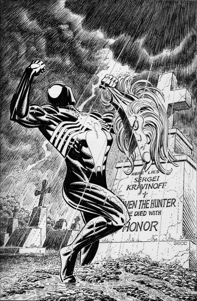 Spider-Man 293 cover recreation sketch. This version with Spidey standing triumphant and holding Kraven's vest.
