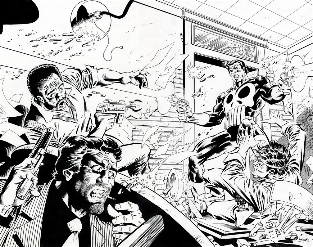 THE PUNISHER, unpublished art. Probably an idea for a wraparound cover. (I can tell this one was done prior to the Limited Series because he's holding silly looking, stock comic book style guns. I gave him real guns in the series.