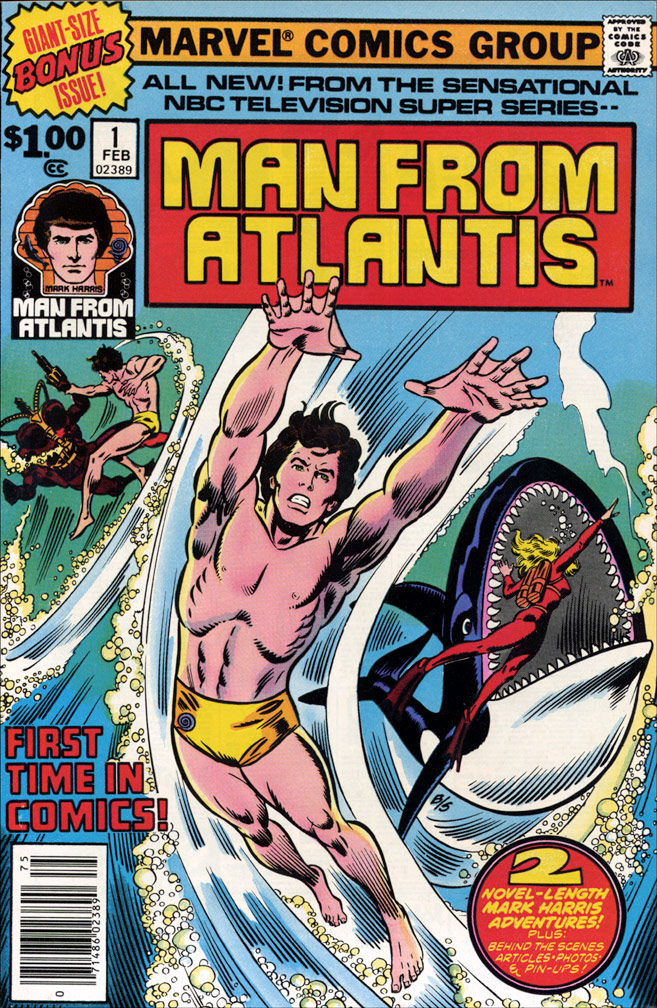 MAN FROM ATLANTIS, Vol 1 Number 1, February , 1978 issue. I contributed a page to the pinup section in this double-sized premiere issue based on the television show. COVER by John Buscema (pencils) and Joe Sinnott (inks)