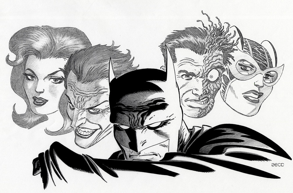 Sketch commission: Batman portrait with looming villains in background.