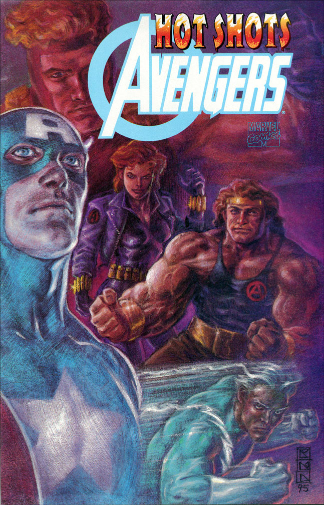 HOT SHOTS AVENGERS: October 1995 - This issue of Marvel's fold-out poster comic celebrates the history of the Avengers, and reprints my cover for the "Captain America: Deathlok Lives" trade paperback.