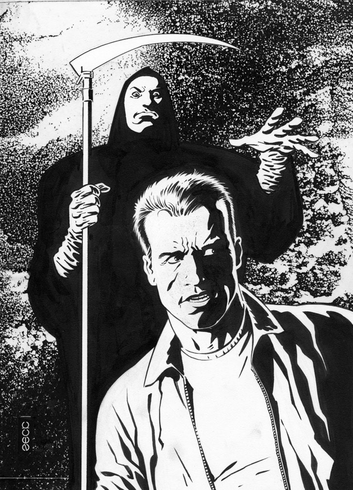 LAST ACTION HERO Card art. Mike Zeck (pencils / inks)  Piece created for an unpublished card set based on the 1993 movie.