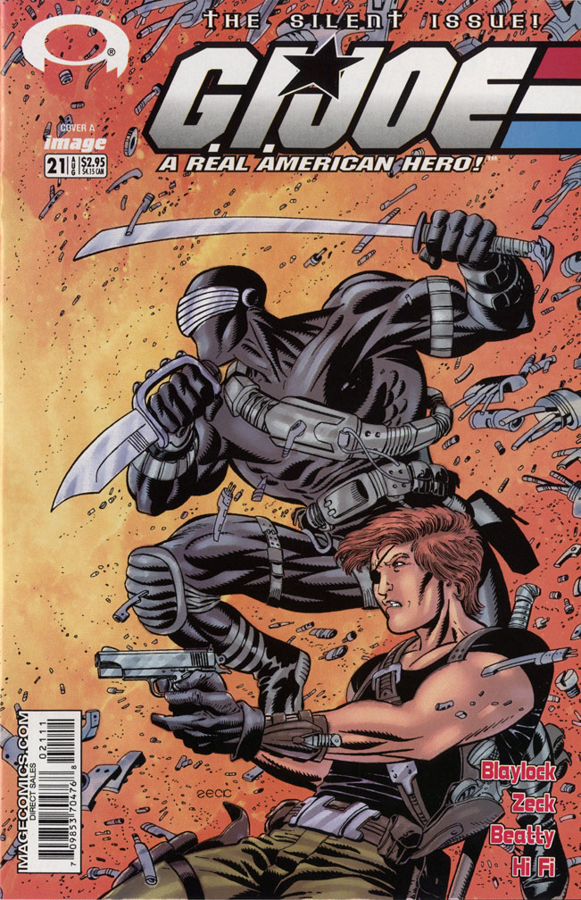 G.I.JOE 21, August, 2003 issue. COVER: Mike Zeck (pencils and inks) INTERIOR: Mike Zeck (pencils), John Beatty (inks) My first full-length interior art for a Joe title. The 21st issue in the Marvel run was a 'silent issue', and Devil's Due emulated that in their own run.