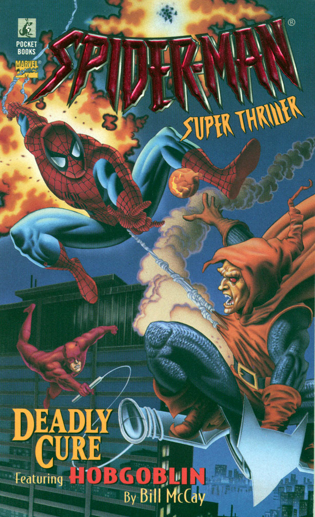 SPIDER-MAN SUPER THRILLER: DEADLY CURE, 1996, paperback Young Adult Novel. COVER: Mike Zeck (pencils) Phil Zimelman (airbrush painting)
