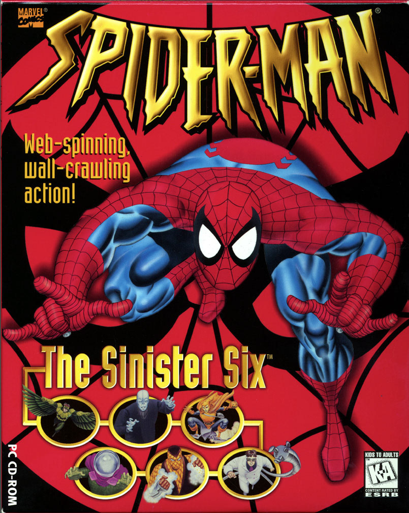 SPIDER-MAN: THE SINISTER SIX, CD ROM computer game, 1996. Box cover art by Mike Zeck (pencils) and Phil Zimelman (airbrush painting). Box art also used for the CD case insert material.