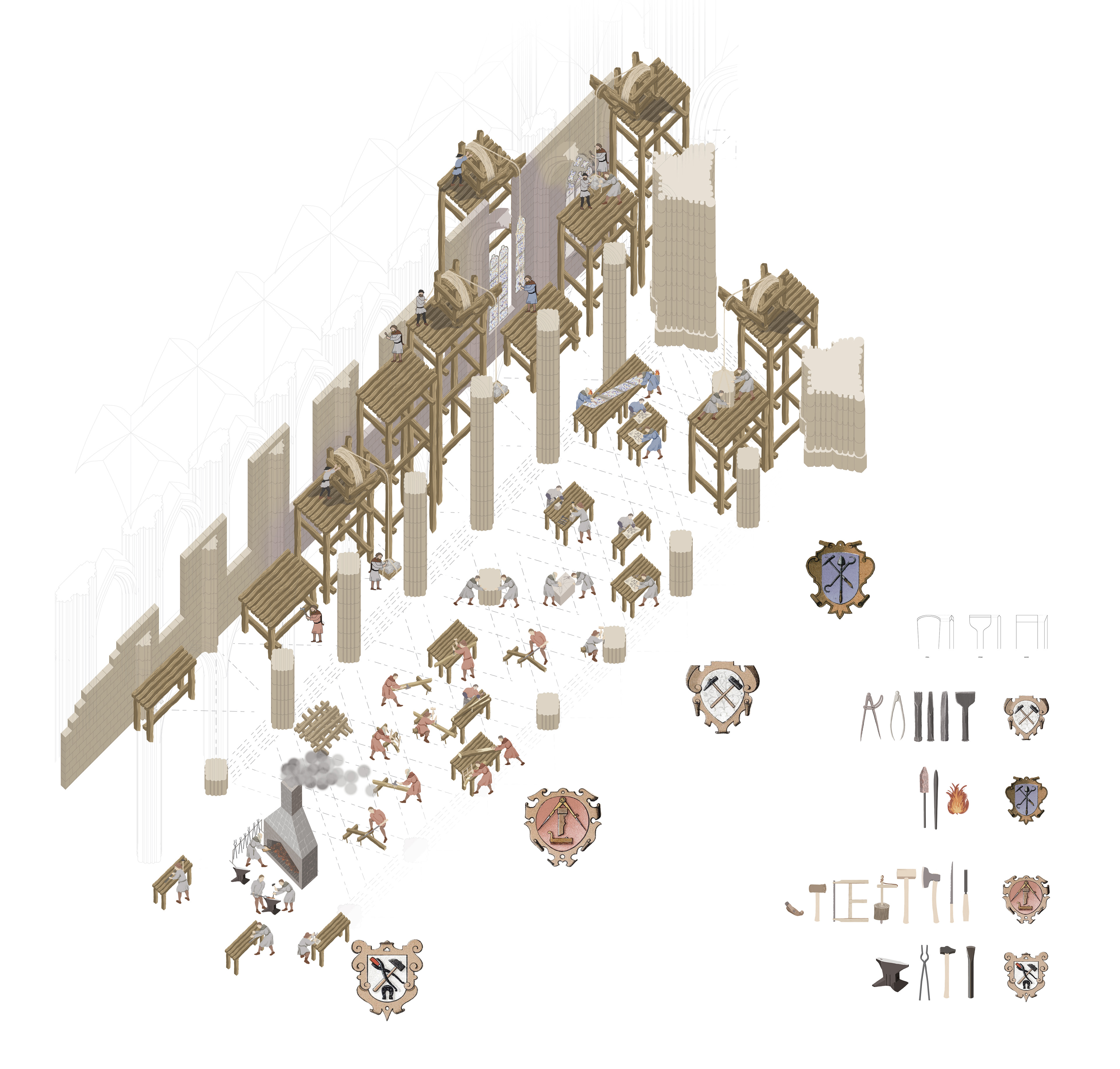 Timeline of trades building up the cathedral walls "Painted" on my digital drawing pad