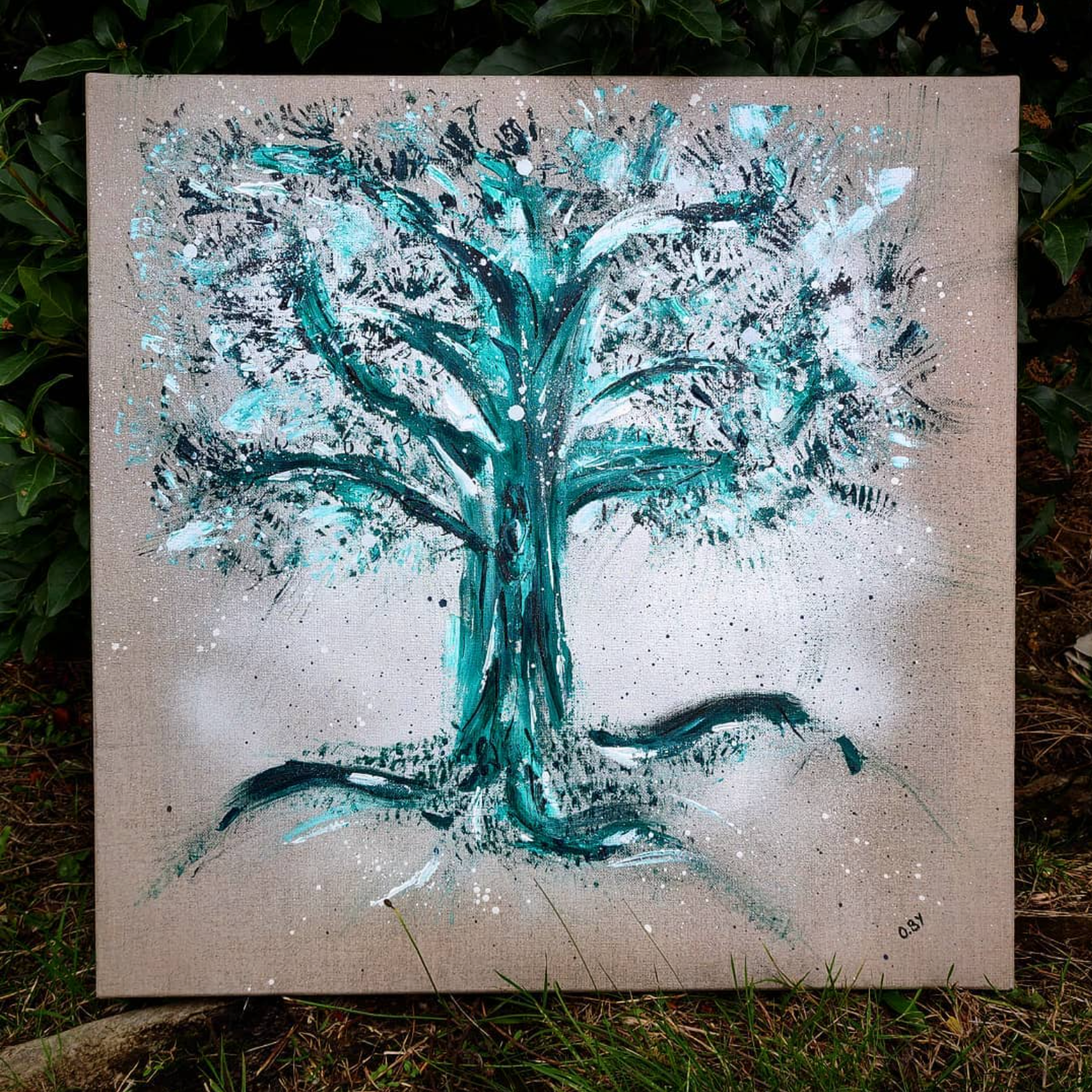 "Bleu", acrylique & bombes, 50x50 cm, oct. 2019.