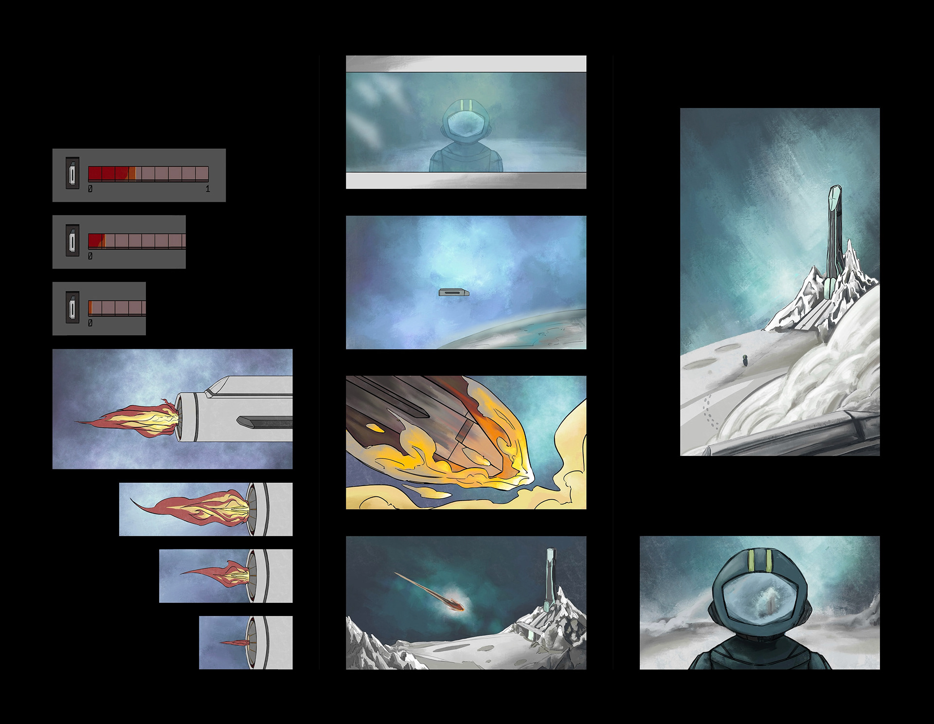 The finalized intro cutscenes in 3 panels
