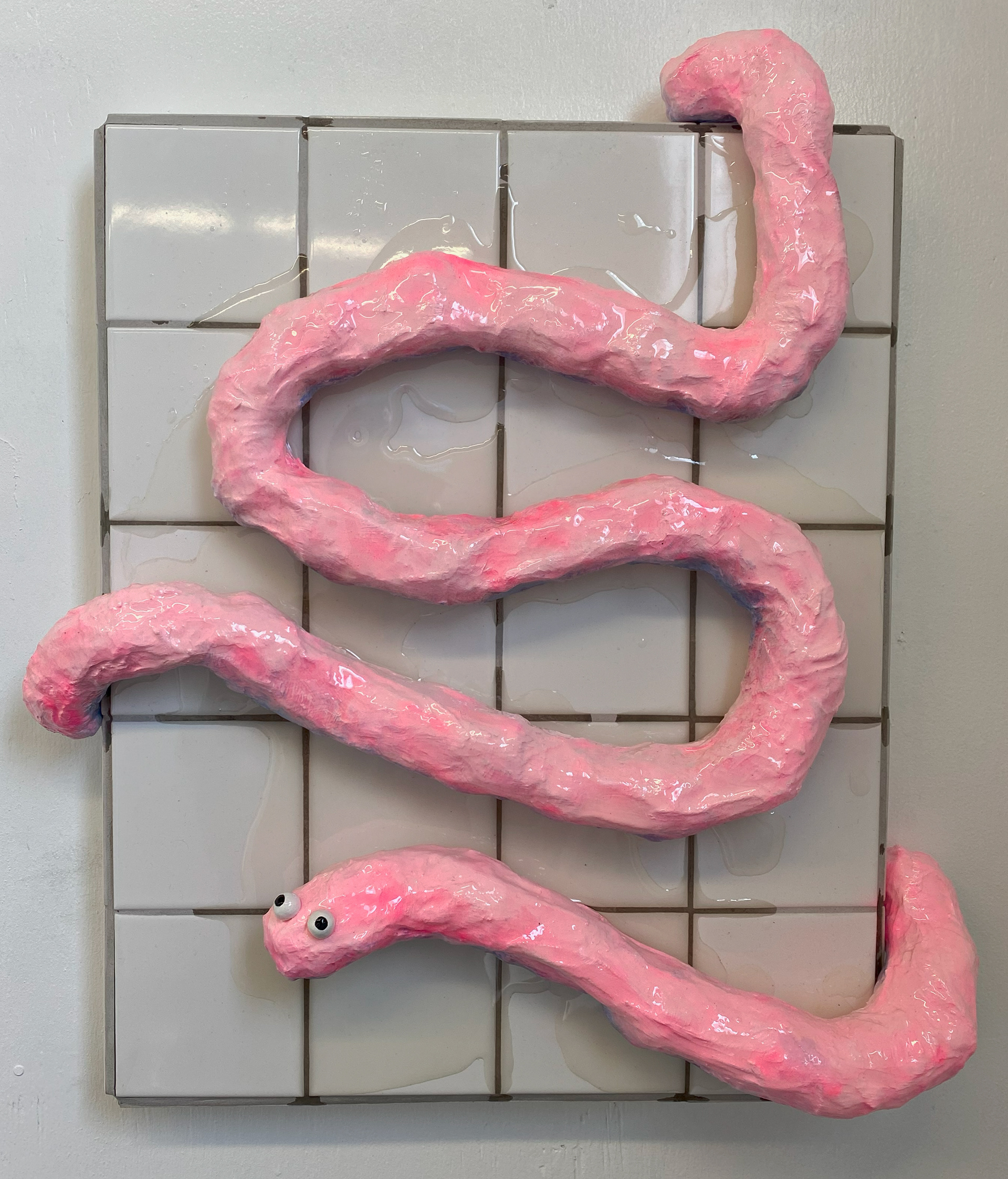 Who's on the Bathroom Floor, paper mache, acrylic, resin, on tiled panel, 2021