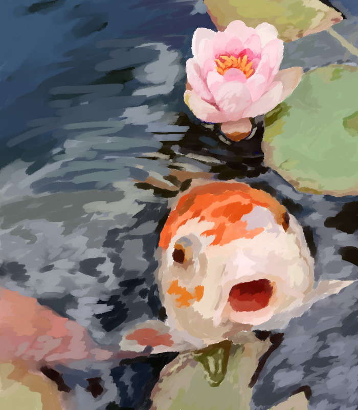 A drawing of a koi fish emerging from a pond.