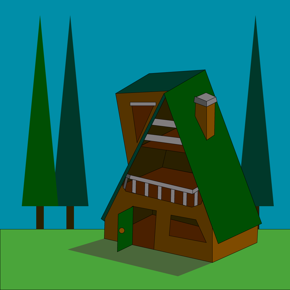 A 1-point perspective cabin.