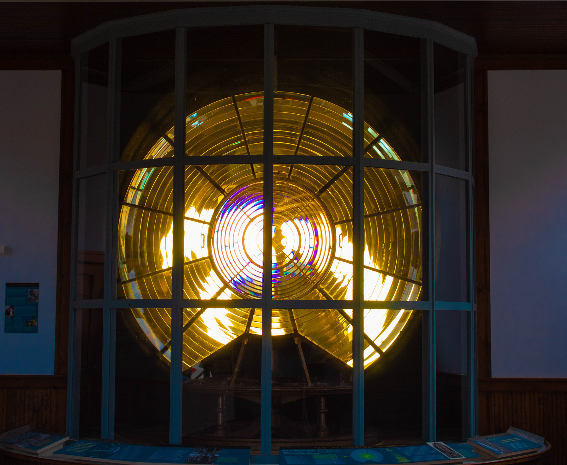 An old lighthouse reflector at Twin Lights State Historic Site.