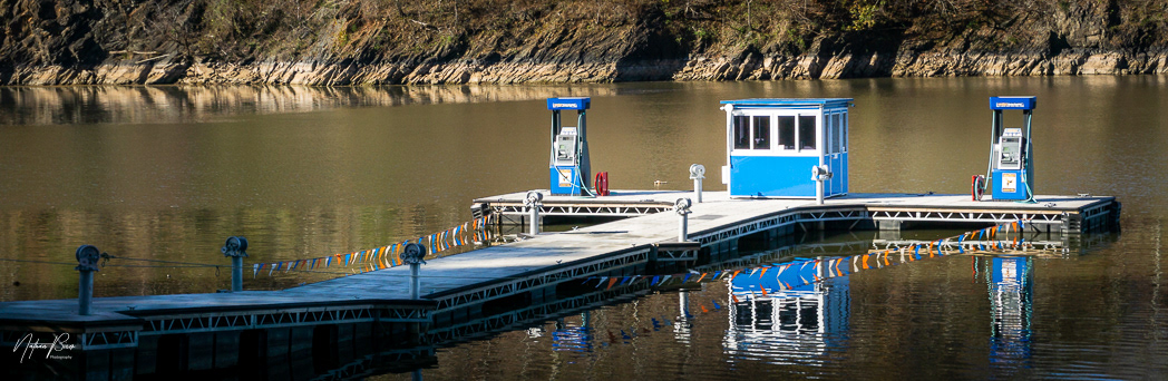 Blue gas pumps on Lake Allatoona