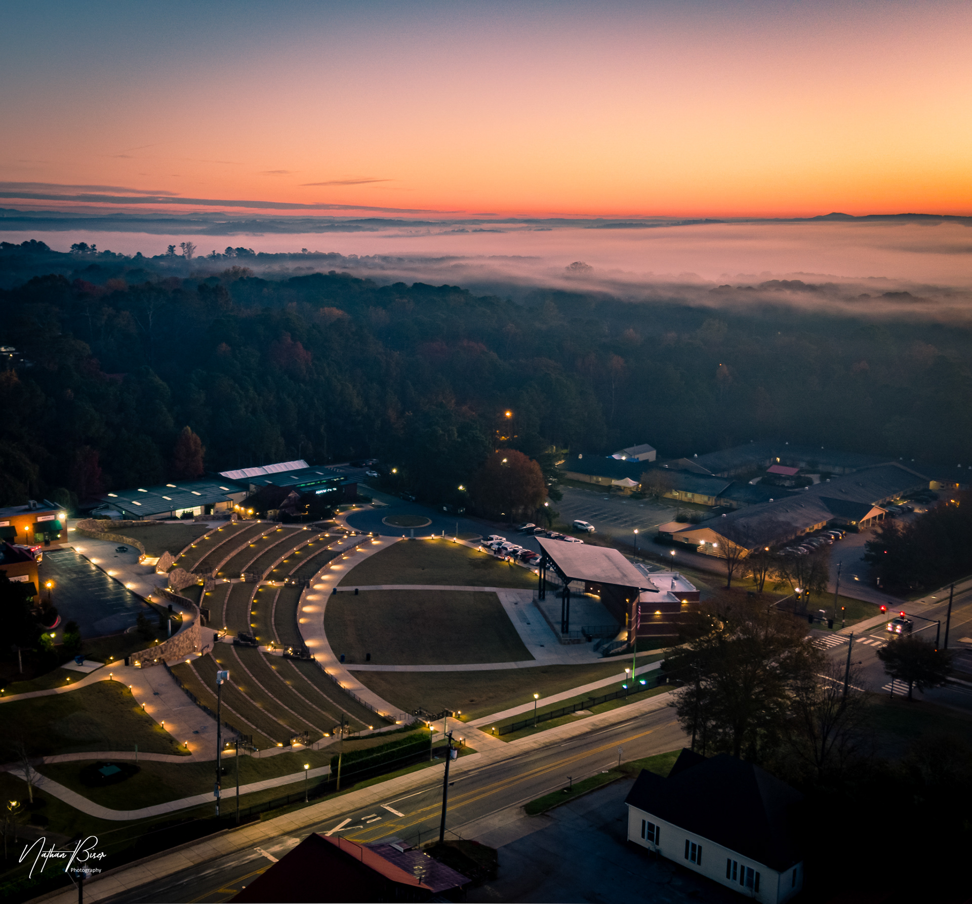 Early morning view of Amphitheater in Downtown Woodstock