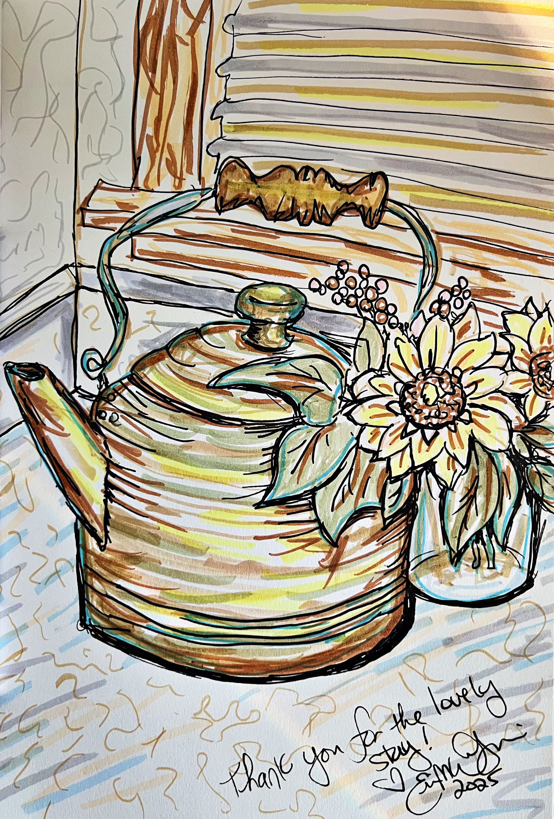 Sunflowers and Teapot. Marker and Micron Pen on Paper.