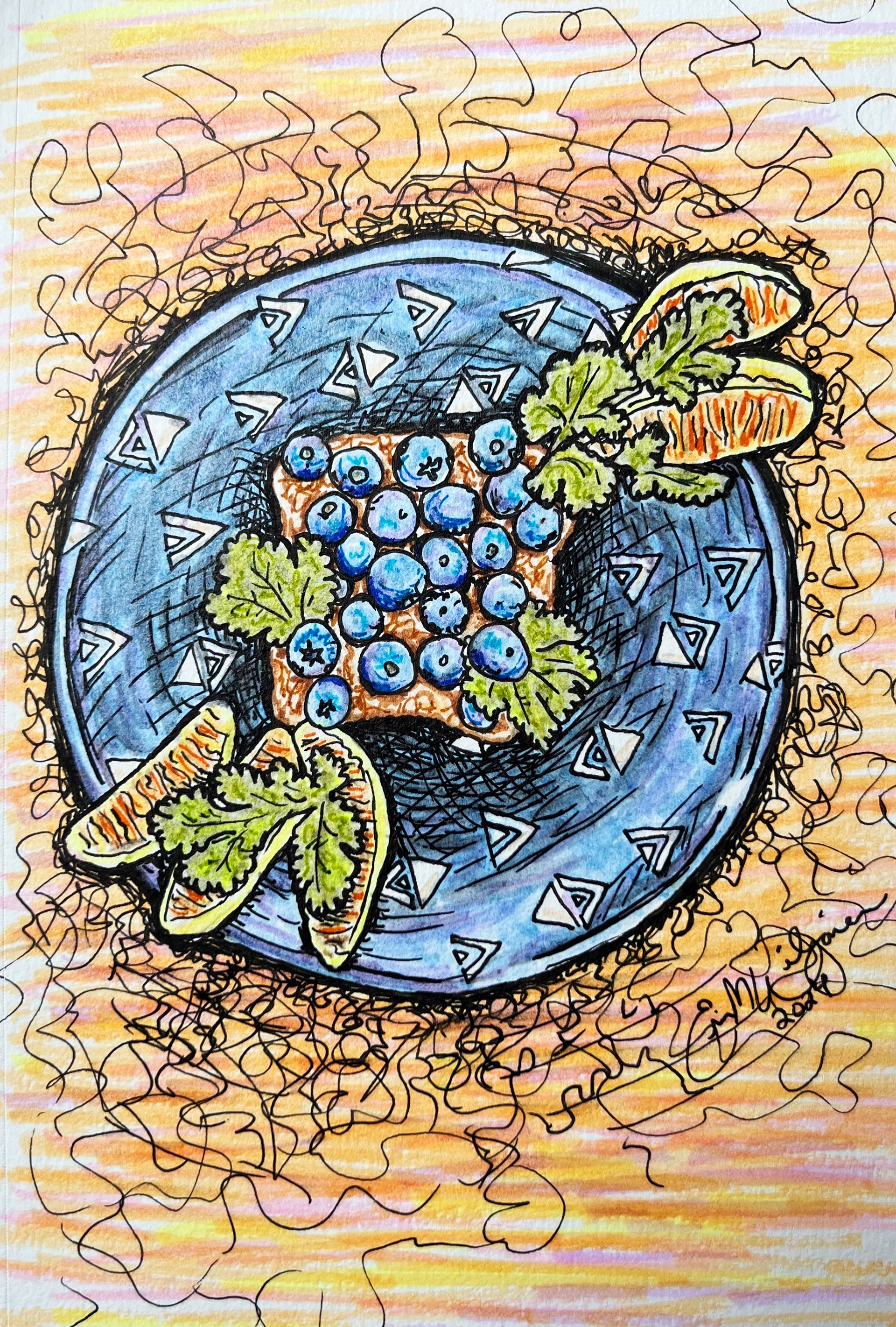 Toast with PB, Blueberries & Honey. Marker and Micron on Pen Paper.