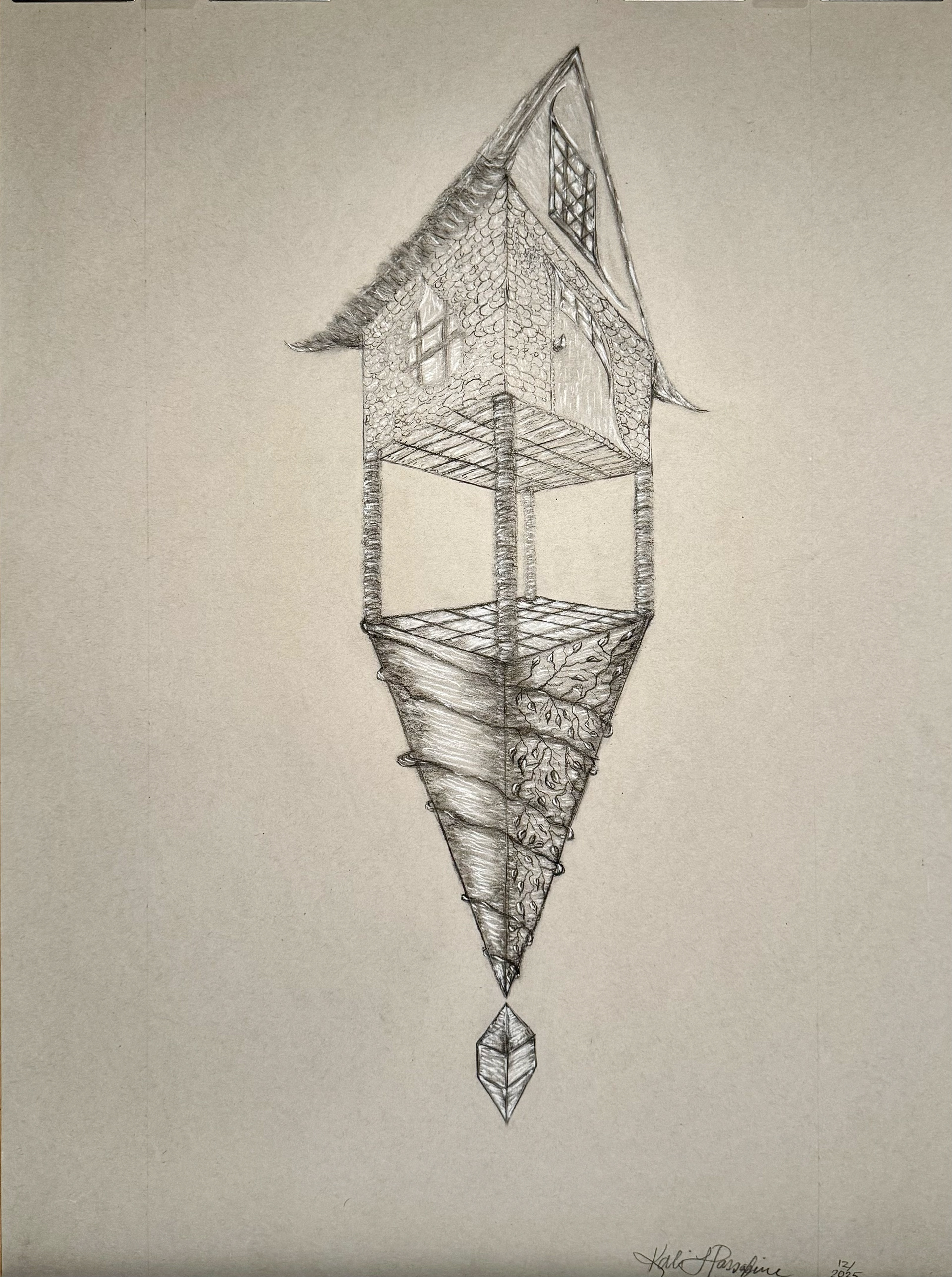 Two-Point Perspective Witchy Birdhouse in Space, graphite and charcoal, 2025