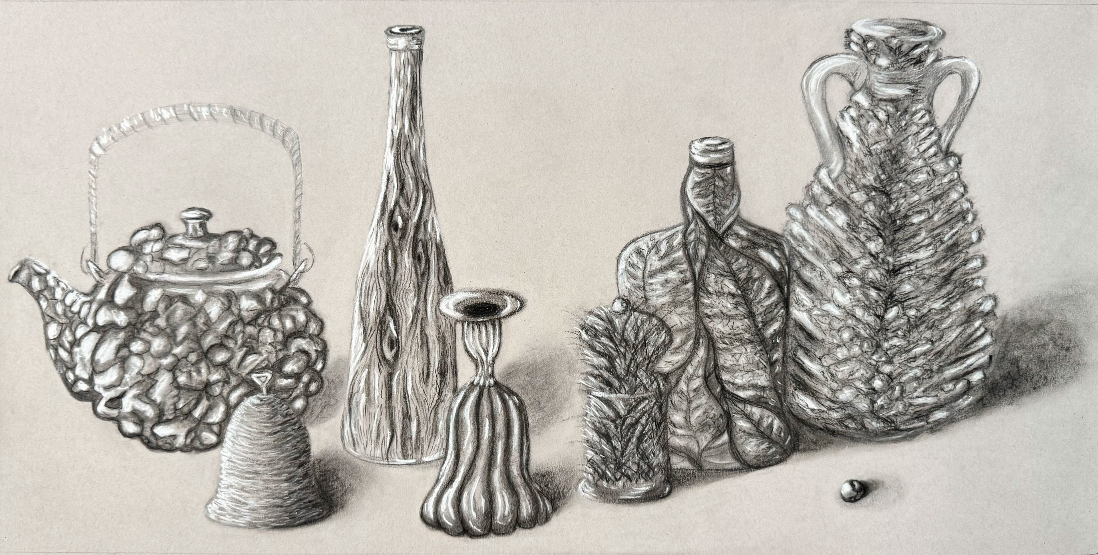 Organic Texture on Inorganic Bottles, graphite and charcoal, 2025