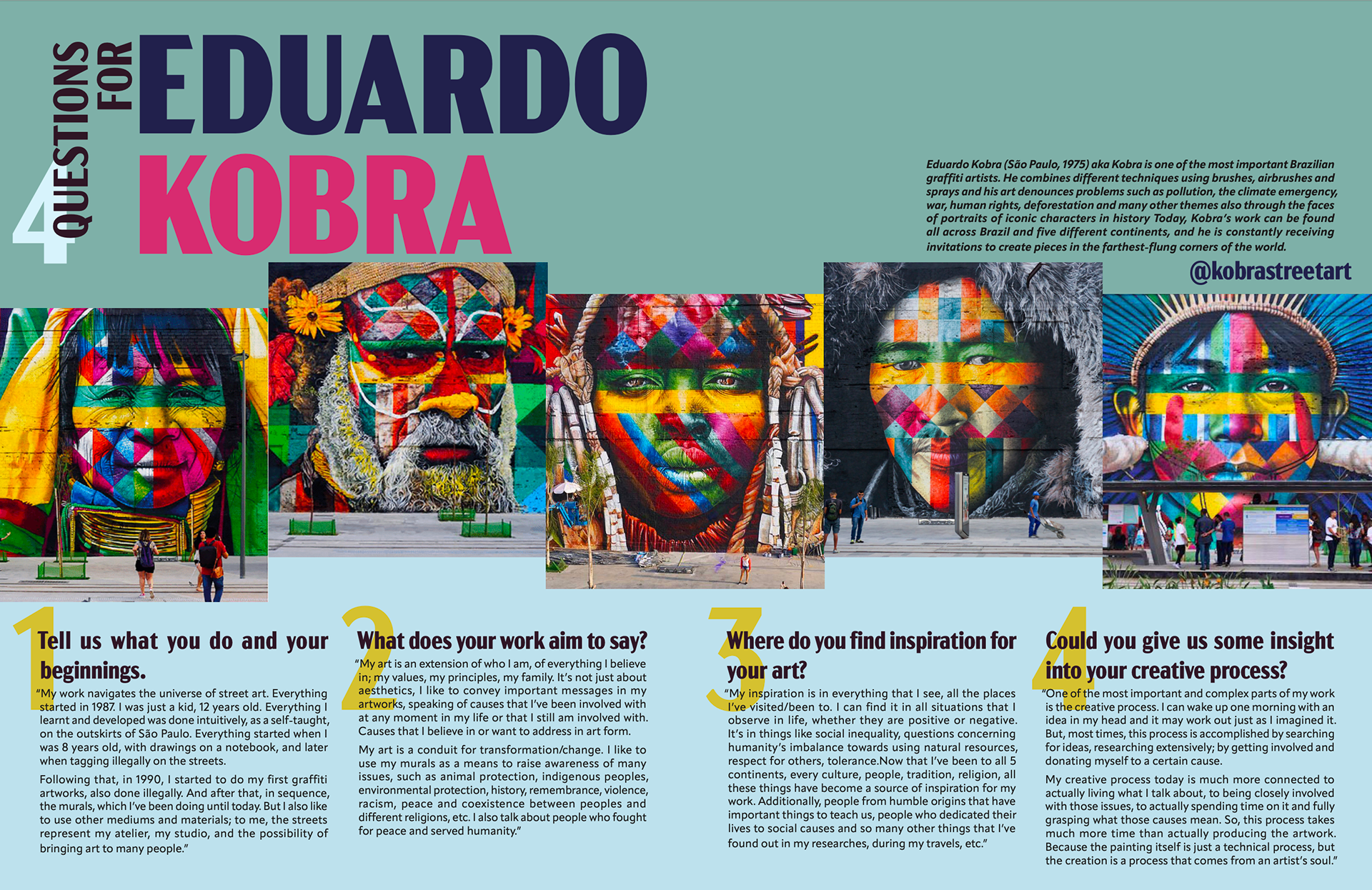 Draft feedback- Positives: Layering of the numbers, hierarchy, photos Negatives: Cutting the page in half, plain block of color on top.