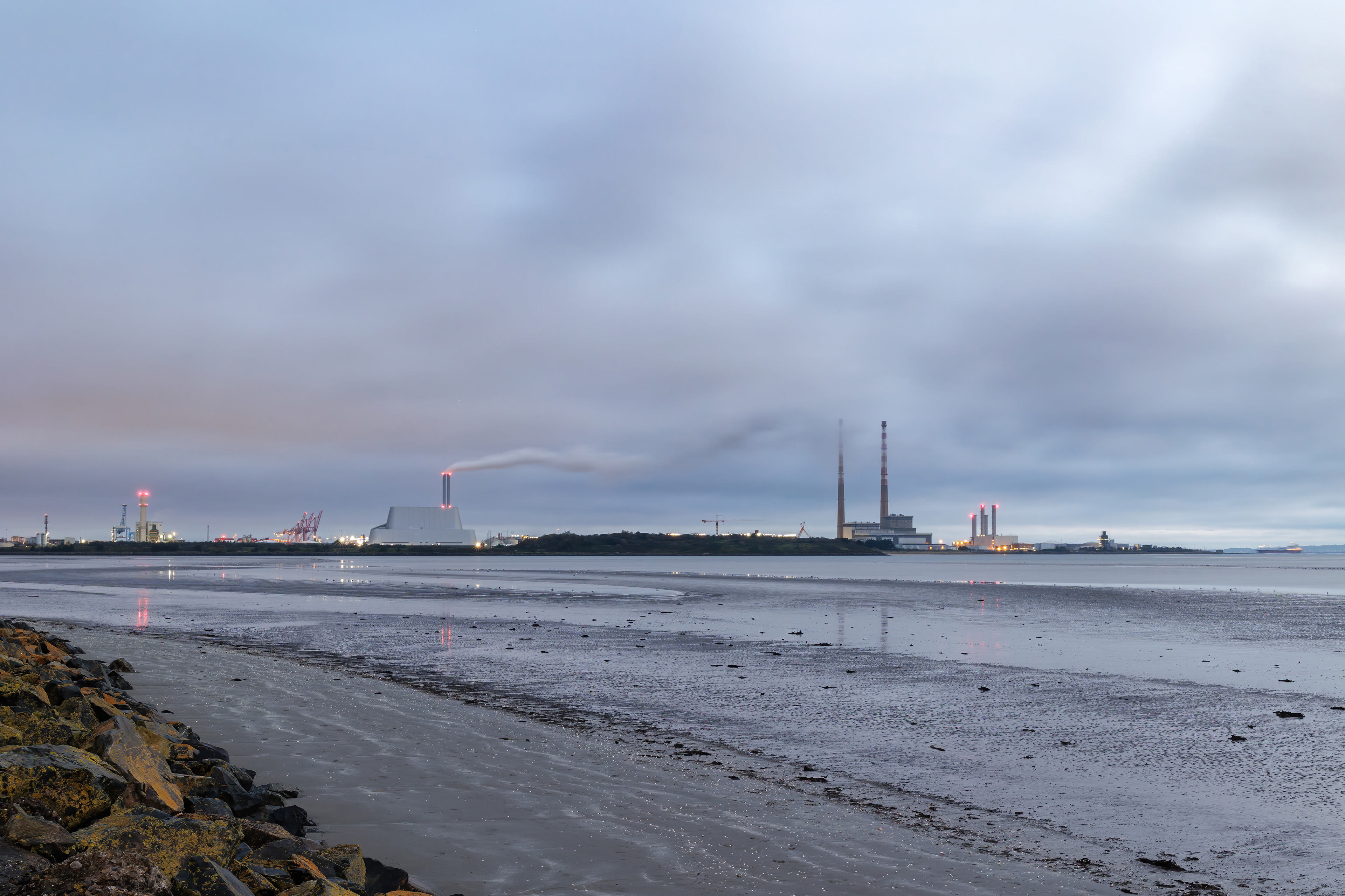 The view of the 'Red n White Chimneys' of Poolbeg and the Incinerator - well known structures as you sail into or out of Dublin Port, or stroll along the coast.