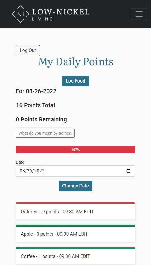 The progress bar turns red when the user goes over the daily limit.