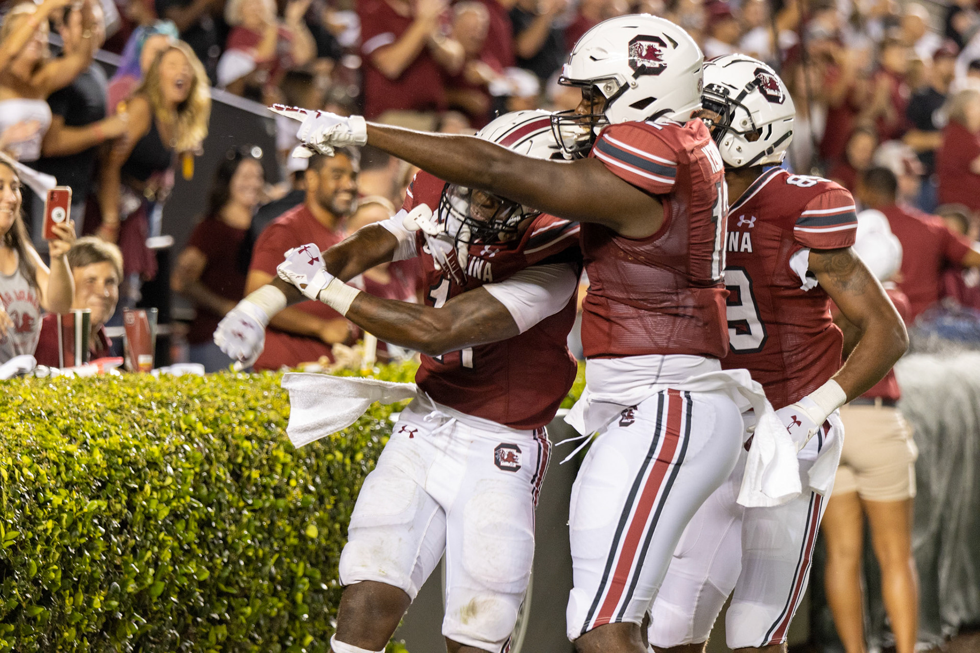 Redshirt senior running back ZaQuandre White celebrates a touchdown after a 63-yard run downfield. This touchdown brought the Gamecocks to 39 points at the top of the fourth quarter.
