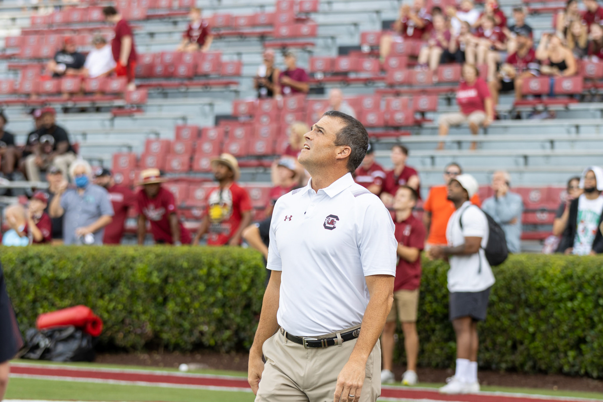 Head coach Shane Beamer walks onto the field of Williams-Brice Stadium before the game on Saturday, September 4, 2021.