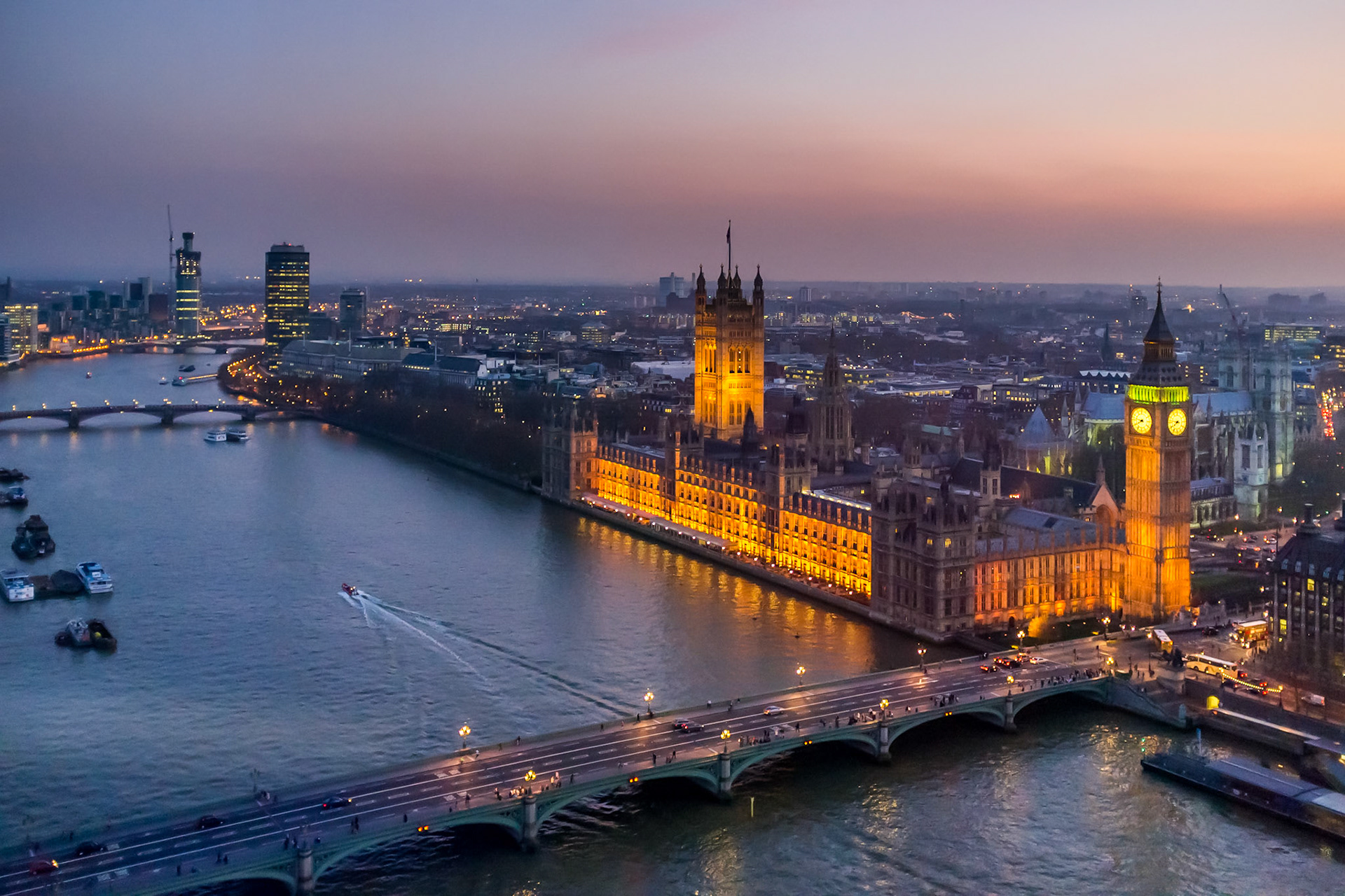 Westminter Palace seen from the London Eye at nightfall