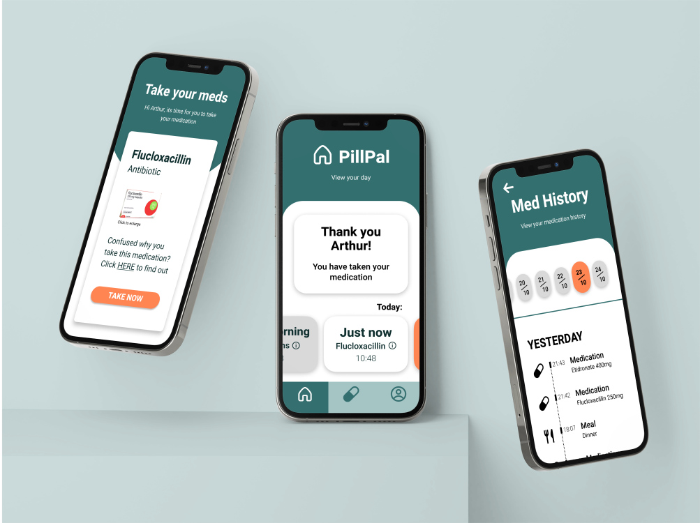 In order of appearance: 'Take your meds' page, home page, medication history.