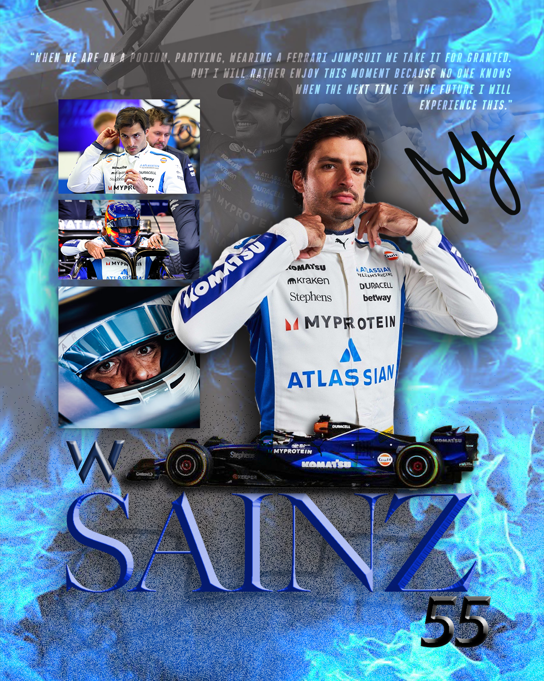 Carlos Sainz in Williams. Inspired by his switch from Ferrari to Williams and his first podium finish on the team which he previously had alluded he didn't think possible for a long time. Congrats to Carlos!