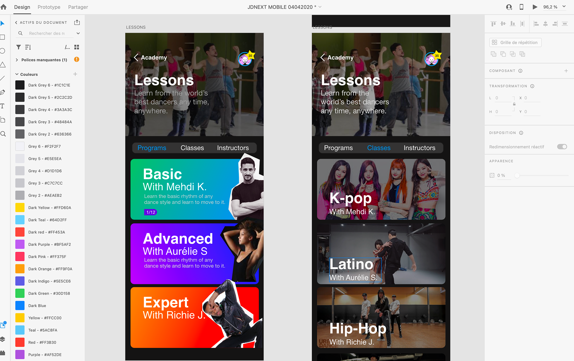 Adobe XD prototype : Dance Lesson section