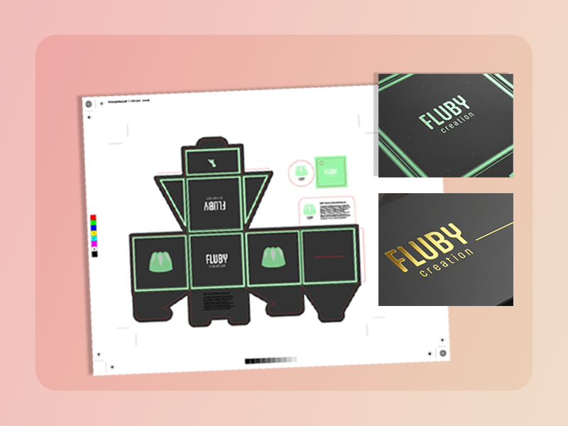 Plan technique d'exécution (dieline) pour packaging à plat, avec zooms sur les finitions premium : logo Fluby en marquage à chaud or et vernis sélectif.
