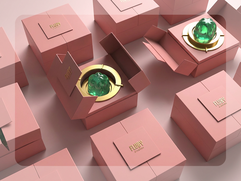 Rendu 3D de coffrets de luxe roses ouverts, révélant une gemme précieuse sur un support doré complexe. Expertise en volume packaging premium.